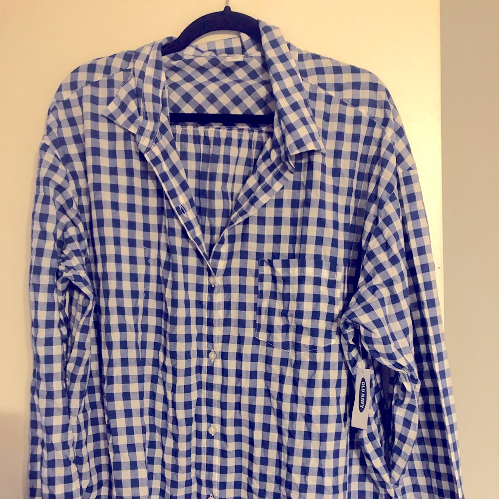 Navy blue and white checkered button up top that ties in the front.
